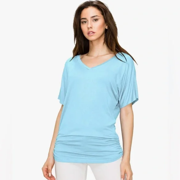 Women's Solid Short Sleeve Boat Neck V Neck Dolman Top with Side Shirring - Picture 4 of 5